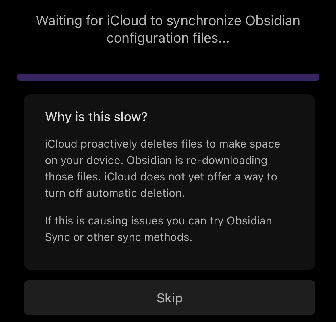 obsidian sync message